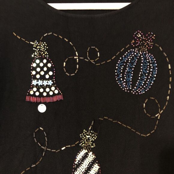 Black Slinky Knit Beaded Shirt Christmas Balls Ornaments Long Sleeve Size Medium - Picture 4 of 16